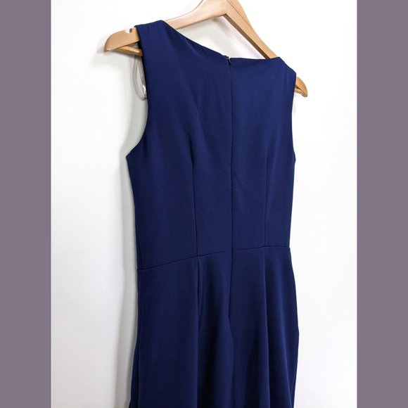 JS Collections Size 6 Boat Neck Sleeveless Faux Wrap Midi Sheath Dress in Navy - Picture 5 of 7